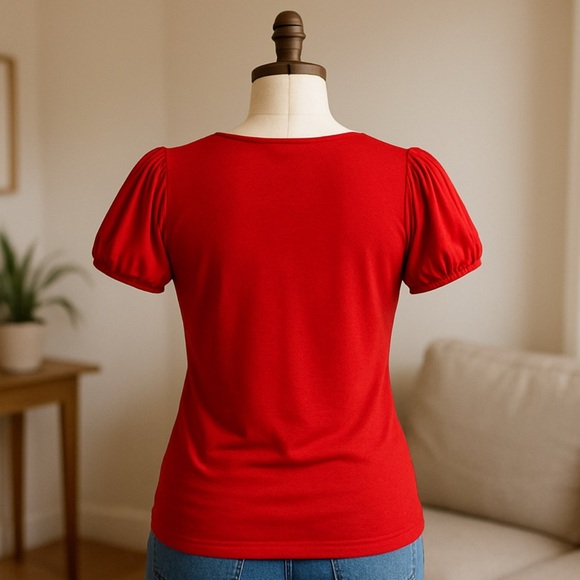 NWT Lauren Ralph Lauren Puff Short Sleeves Womens T-Shirt L Petite Red 1235 - Picture 3 of 7